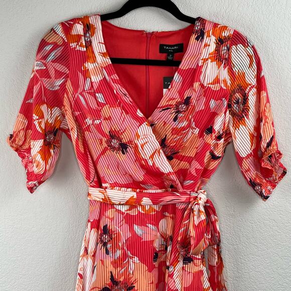 Tahari ASL Ruffle Hem Tie Waist V-Neck Short Sleeve Pink Floral Mini Dress 2 NWT - Picture 5 of 16